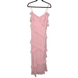 Dessy Collection 3157 Becca Pink Ruffle Chiffon Bias Slip Maxi Dress XL NWT $289